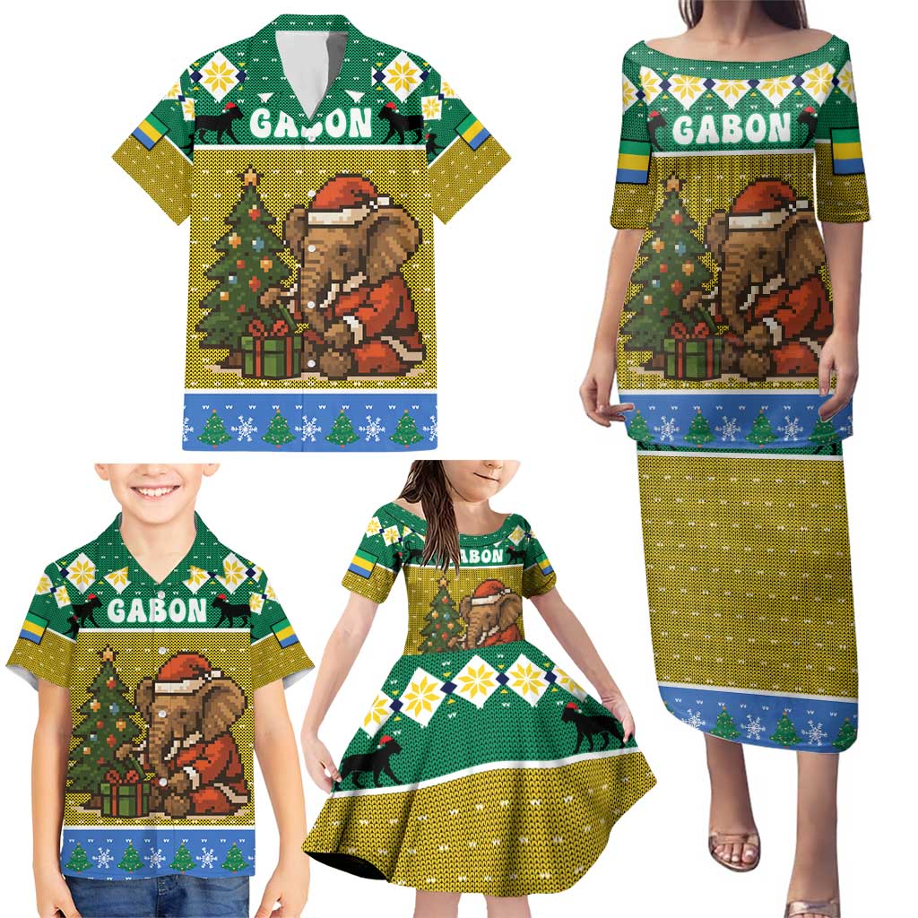 Gabon Christmas Family Matching Puletasi and Hawaiian Shirt with Pixel Art Elephant Santa Christmas Tree and Flag Colors Pattern - Wonder Print Shop