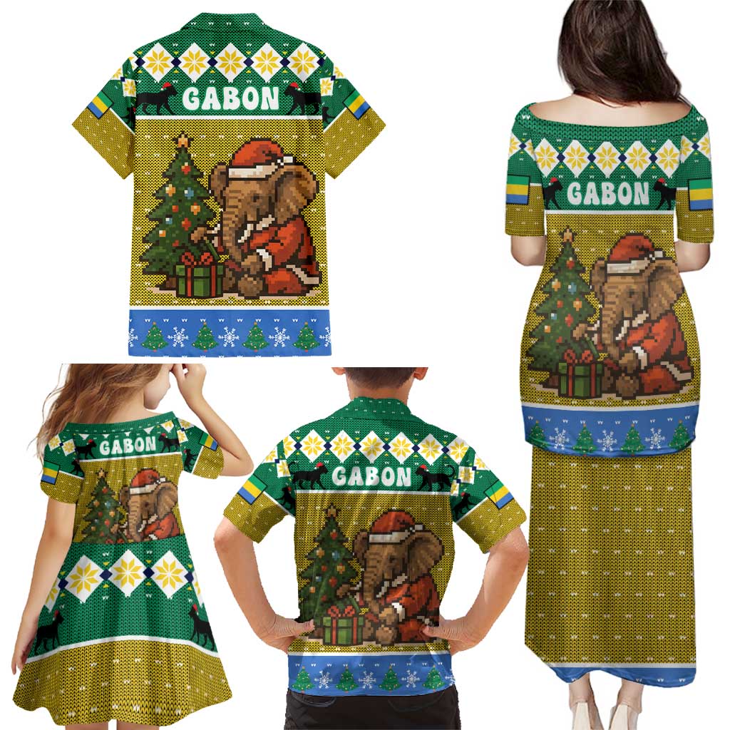 Gabon Christmas Family Matching Puletasi and Hawaiian Shirt with Pixel Art Elephant Santa Christmas Tree and Flag Colors Pattern - Wonder Print Shop