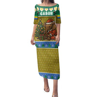 Gabon Christmas Family Matching Puletasi and Hawaiian Shirt with Pixel Art Elephant Santa Christmas Tree and Flag Colors Pattern - Wonder Print Shop