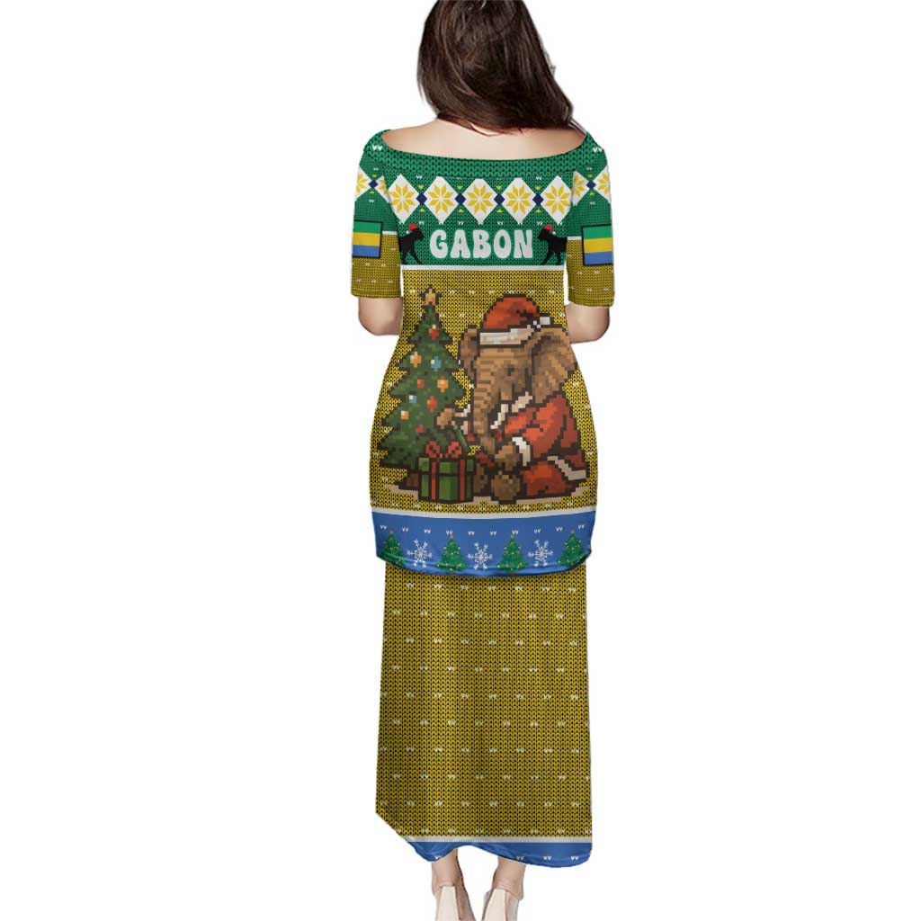 Gabon Christmas Family Matching Puletasi and Hawaiian Shirt with Pixel Art Elephant Santa Christmas Tree and Flag Colors Pattern - Wonder Print Shop