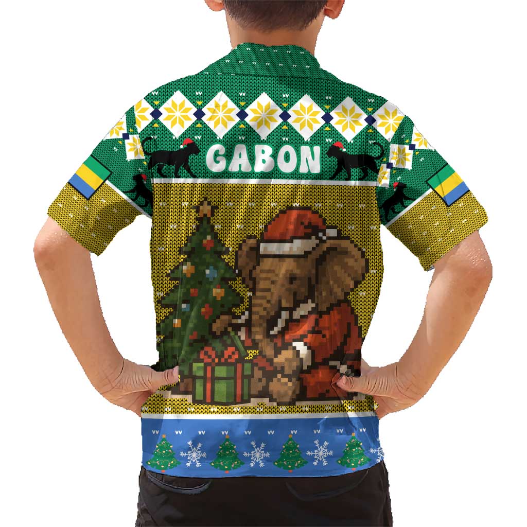 Gabon Christmas Family Matching Short Sleeve Bodycon Dress and Hawaiian Shirt with Pixel Art Elephant Santa Christmas Tree and Flag Colors Pattern - Wonder Print Shop