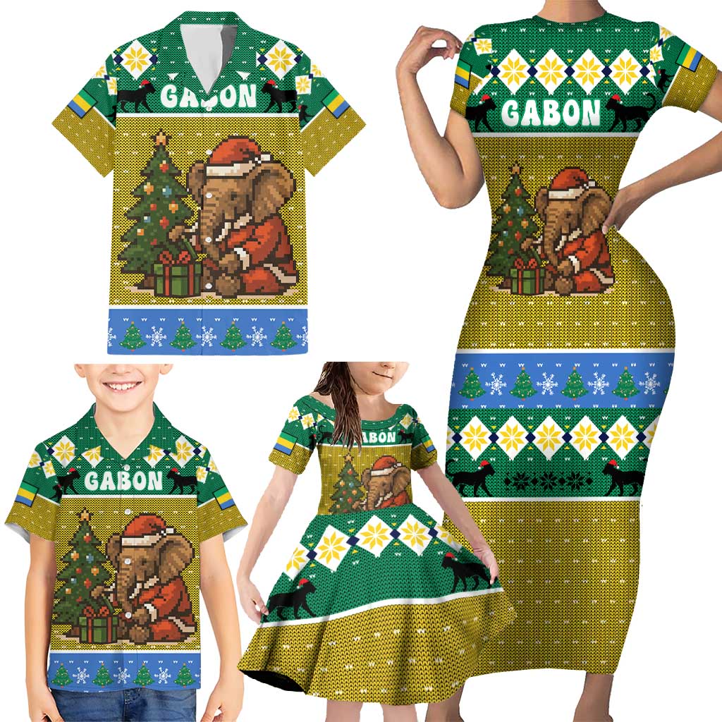 Gabon Christmas Family Matching Short Sleeve Bodycon Dress and Hawaiian Shirt with Pixel Art Elephant Santa Christmas Tree and Flag Colors Pattern - Wonder Print Shop