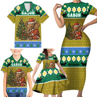 Gabon Christmas Family Matching Short Sleeve Bodycon Dress and Hawaiian Shirt with Pixel Art Elephant Santa Christmas Tree and Flag Colors Pattern - Wonder Print Shop