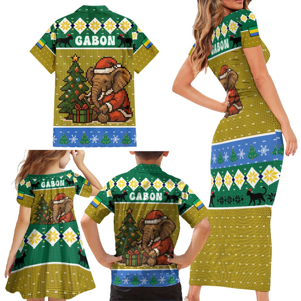 Gabon Christmas Family Matching Short Sleeve Bodycon Dress and Hawaiian Shirt with Pixel Art Elephant Santa Christmas Tree and Flag Colors Pattern - Wonder Print Shop