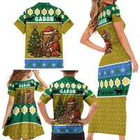 Gabon Christmas Family Matching Short Sleeve Bodycon Dress and Hawaiian Shirt with Pixel Art Elephant Santa Christmas Tree and Flag Colors Pattern - Wonder Print Shop