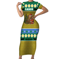 Gabon Christmas Family Matching Short Sleeve Bodycon Dress and Hawaiian Shirt with Pixel Art Elephant Santa Christmas Tree and Flag Colors Pattern - Wonder Print Shop
