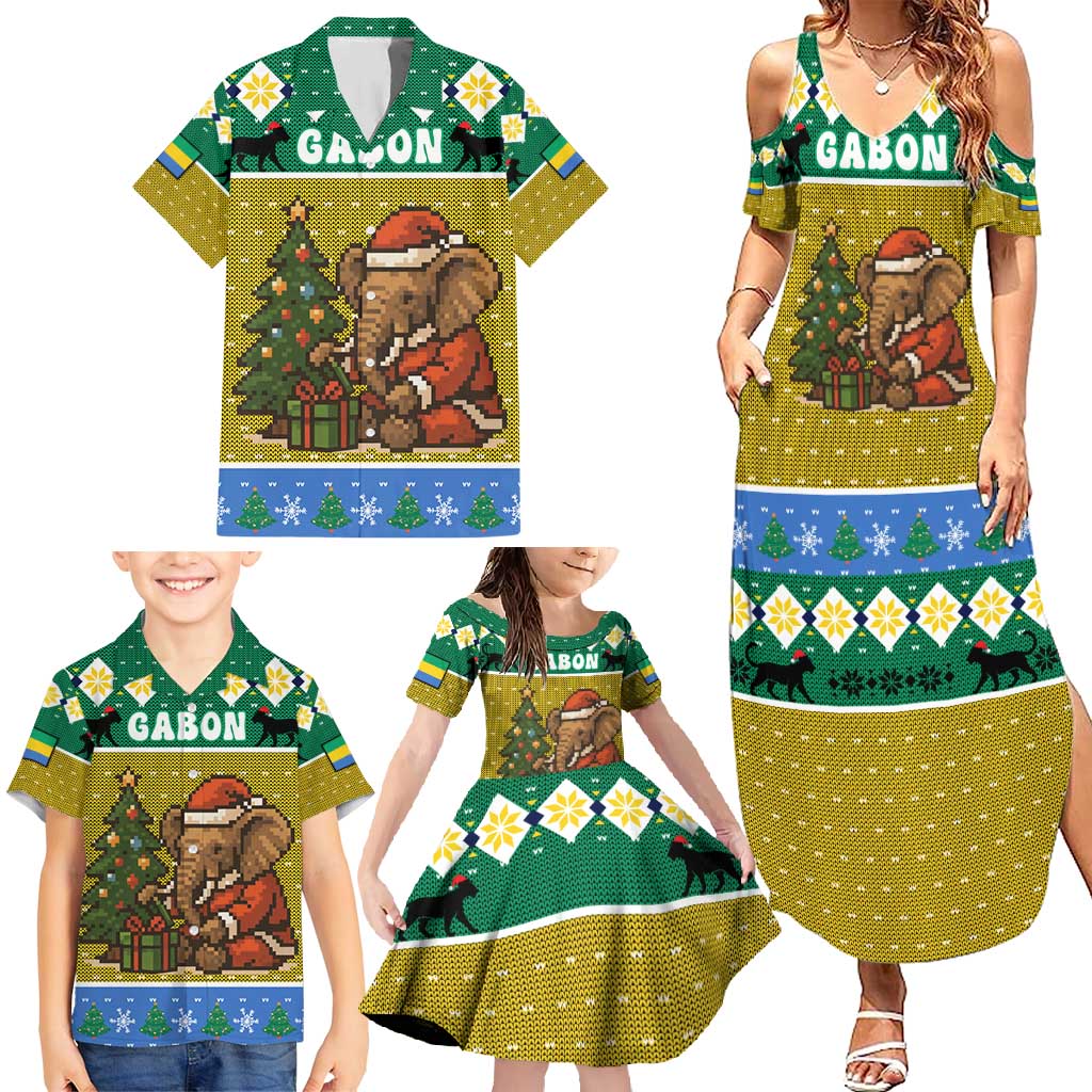 Gabon Christmas Family Matching Summer Maxi Dress and Hawaiian Shirt with Pixel Art Elephant Santa Christmas Tree and Flag Colors Pattern - Wonder Print Shop