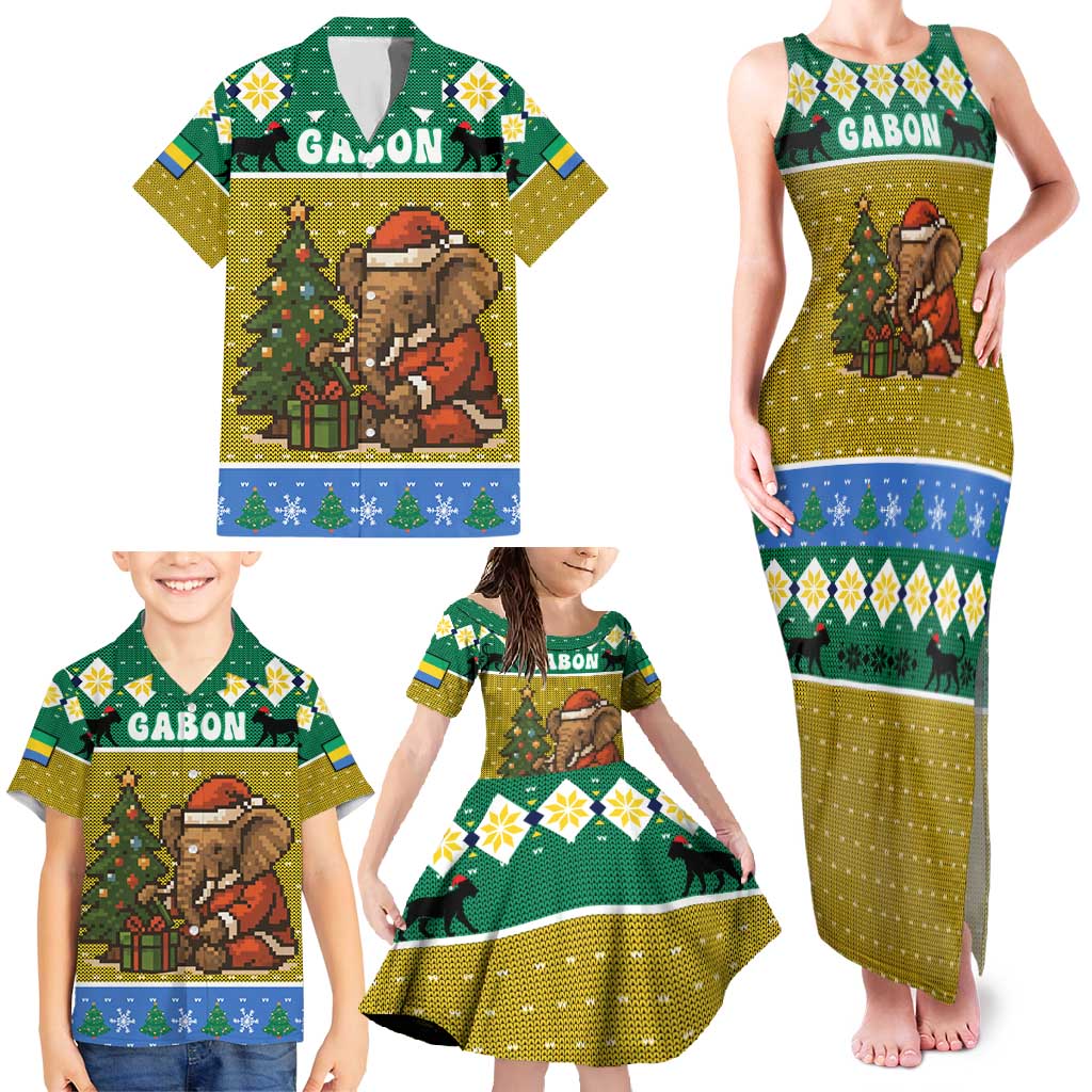 Gabon Christmas Family Matching Tank Maxi Dress and Hawaiian Shirt with Pixel Art Elephant Santa Christmas Tree and Flag Colors Pattern - Wonder Print Shop