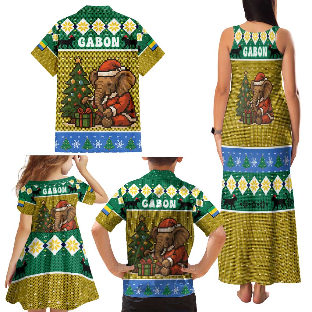 Gabon Christmas Family Matching Tank Maxi Dress and Hawaiian Shirt with Pixel Art Elephant Santa Christmas Tree and Flag Colors Pattern - Wonder Print Shop