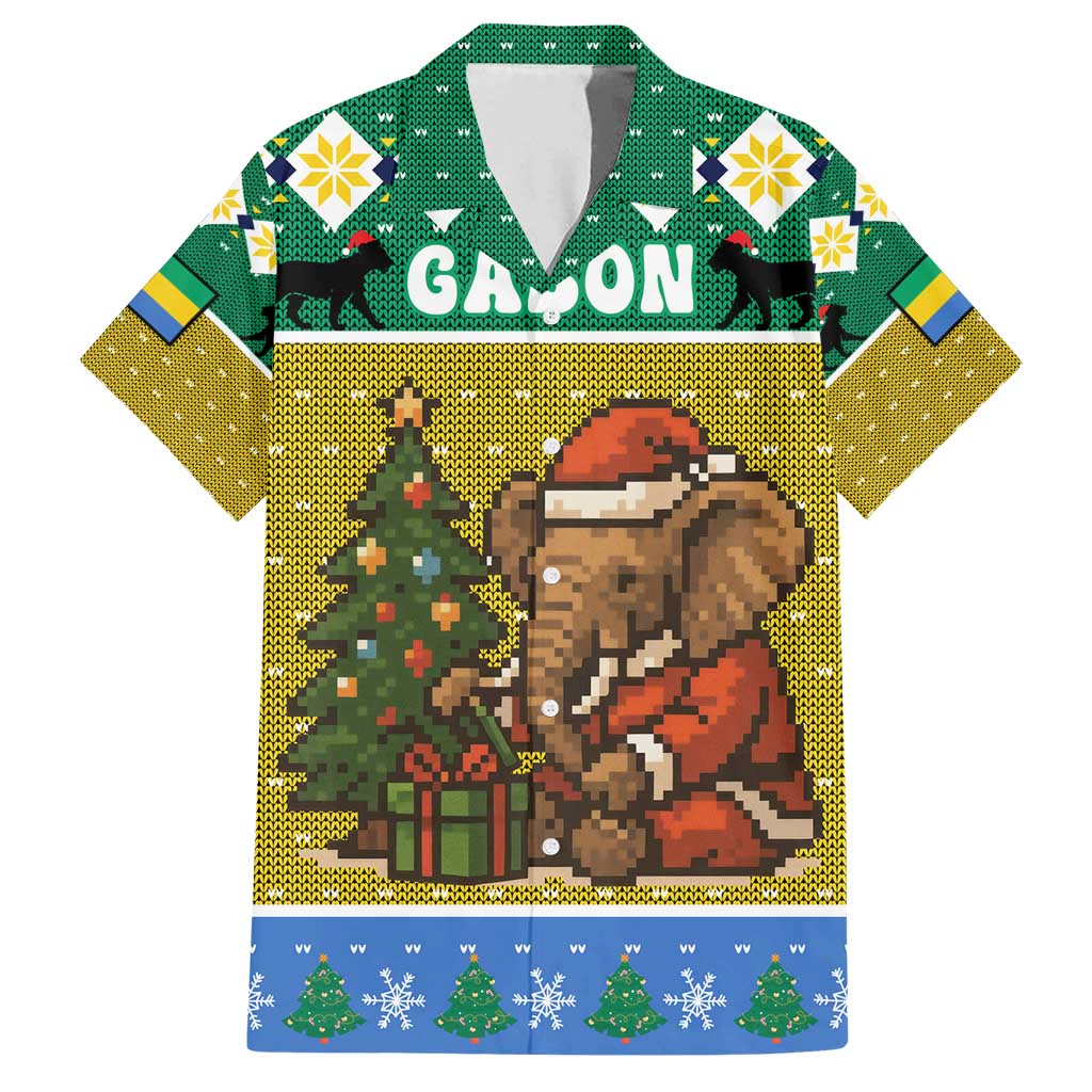 Gabon Christmas Family Matching Tank Maxi Dress and Hawaiian Shirt with Pixel Art Elephant Santa Christmas Tree and Flag Colors Pattern - Wonder Print Shop