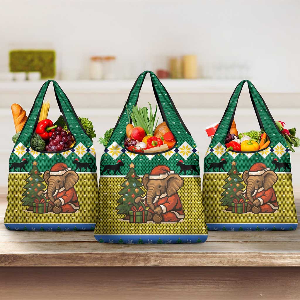 Gabon Christmas Grocery Bag with Pixel Art Elephant Santa Christmas Tree and Flag Colors Pattern - Wonder Print Shop