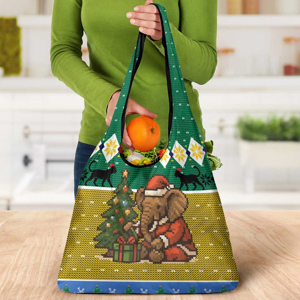 Gabon Christmas Grocery Bag with Pixel Art Elephant Santa Christmas Tree and Flag Colors Pattern - Wonder Print Shop