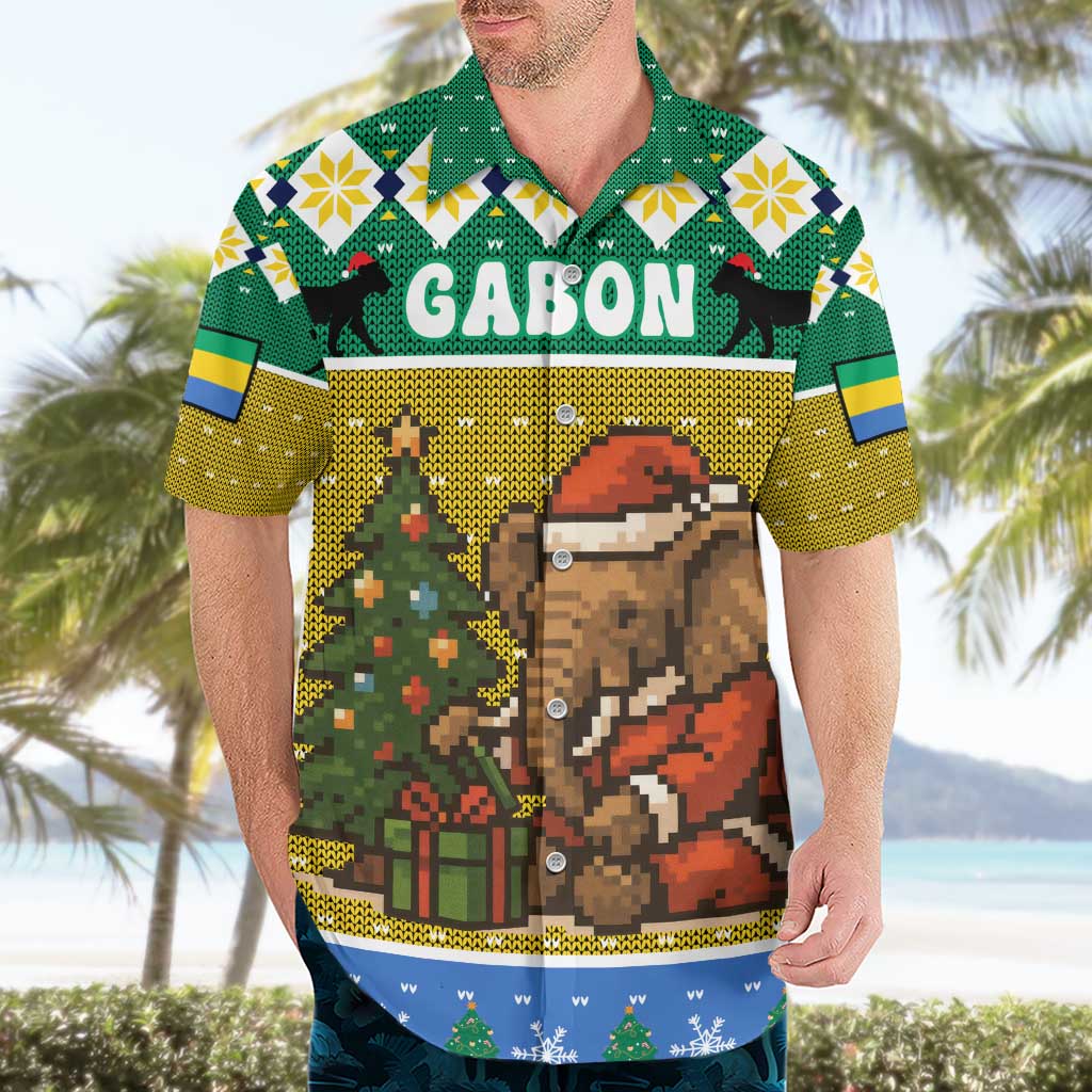 Gabon Christmas Hawaiian Shirt with Pixel Art Elephant Santa Christmas Tree and Flag Colors Pattern - Wonder Print Shop