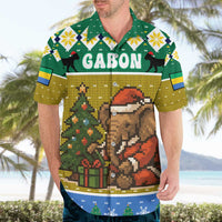 Gabon Christmas Hawaiian Shirt with Pixel Art Elephant Santa Christmas Tree and Flag Colors Pattern - Wonder Print Shop