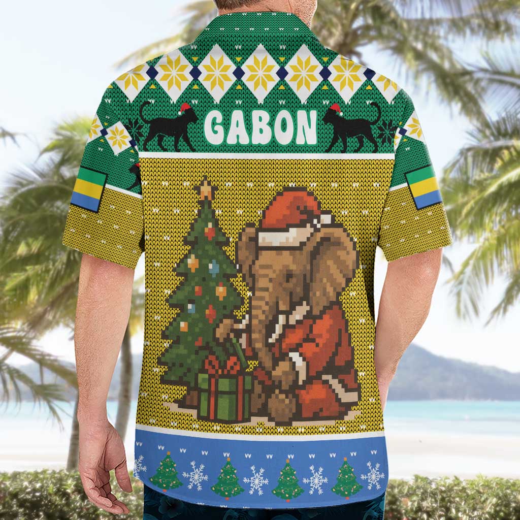Gabon Christmas Hawaiian Shirt with Pixel Art Elephant Santa Christmas Tree and Flag Colors Pattern - Wonder Print Shop