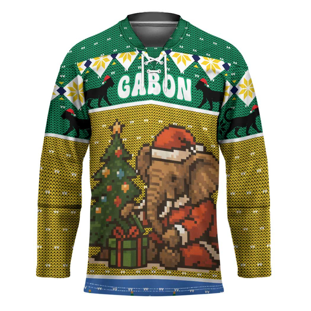 Gabon Christmas Hockey Jersey with Pixel Art Elephant Santa Christmas Tree and Flag Colors Pattern - Wonder Print Shop