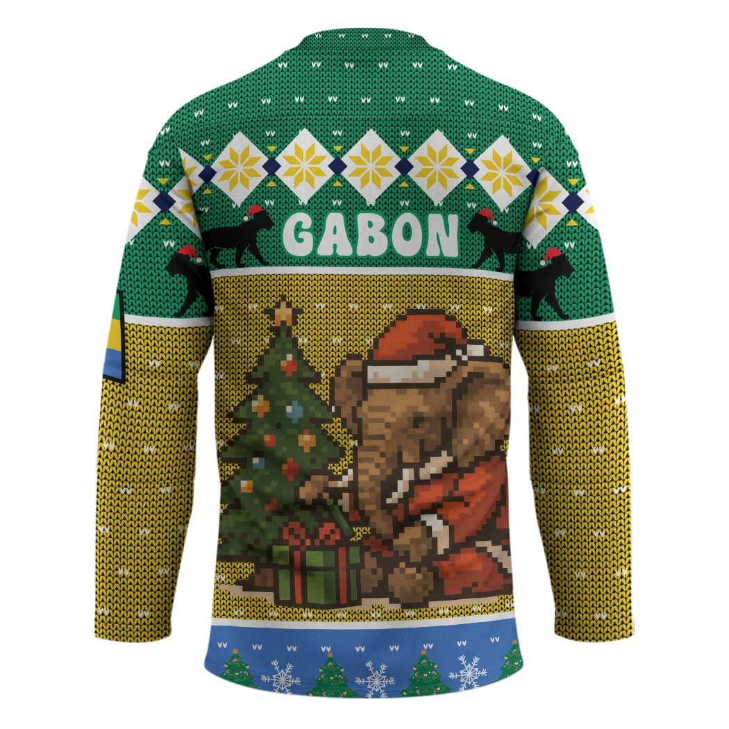 Gabon Christmas Hockey Jersey with Pixel Art Elephant Santa Christmas Tree and Flag Colors Pattern - Wonder Print Shop