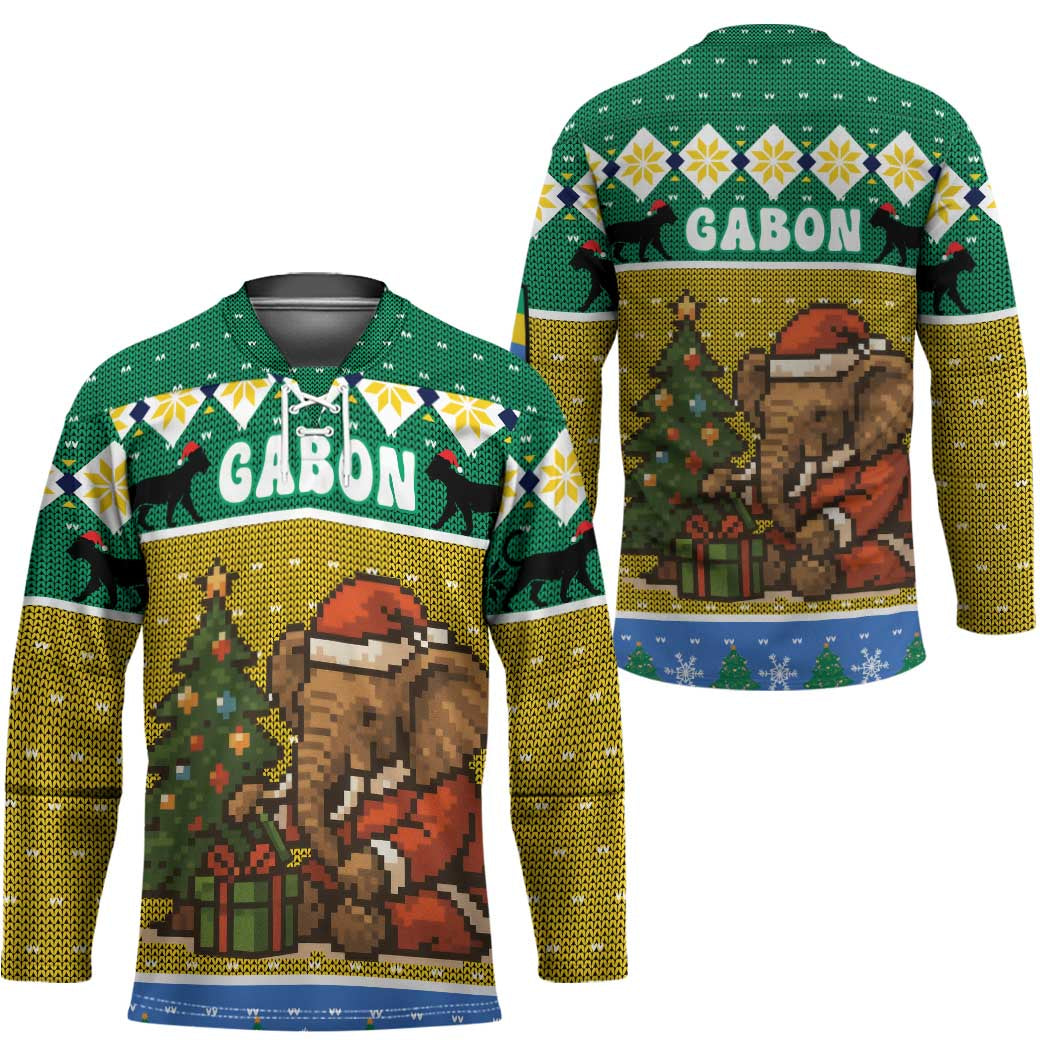 Gabon Christmas Hockey Jersey with Pixel Art Elephant Santa Christmas Tree and Flag Colors Pattern - Wonder Print Shop