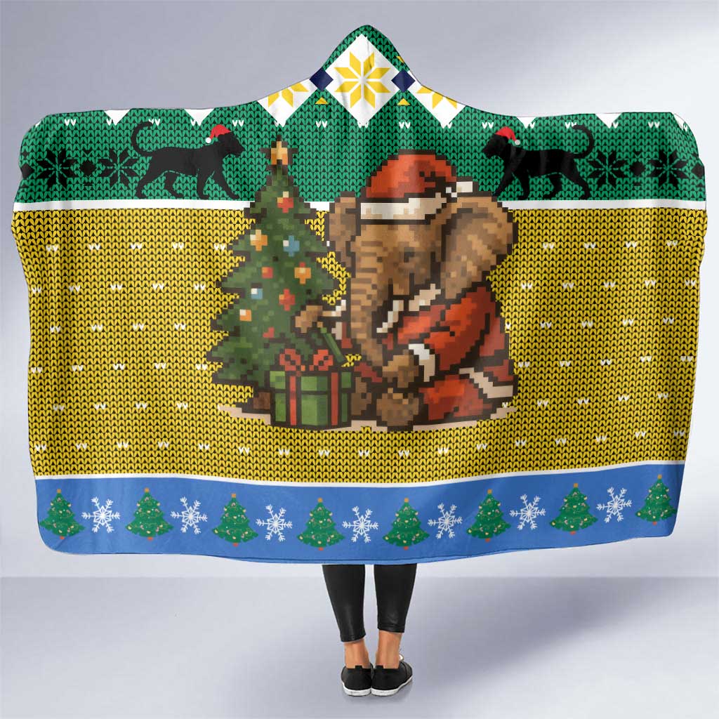 Gabon Christmas Hooded Blanket with Pixel Art Elephant Santa Christmas Tree and Flag Colors Pattern - Wonder Print Shop