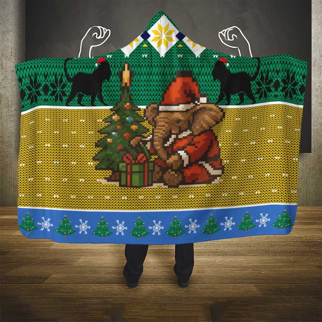Gabon Christmas Hooded Blanket with Pixel Art Elephant Santa Christmas Tree and Flag Colors Pattern - Wonder Print Shop
