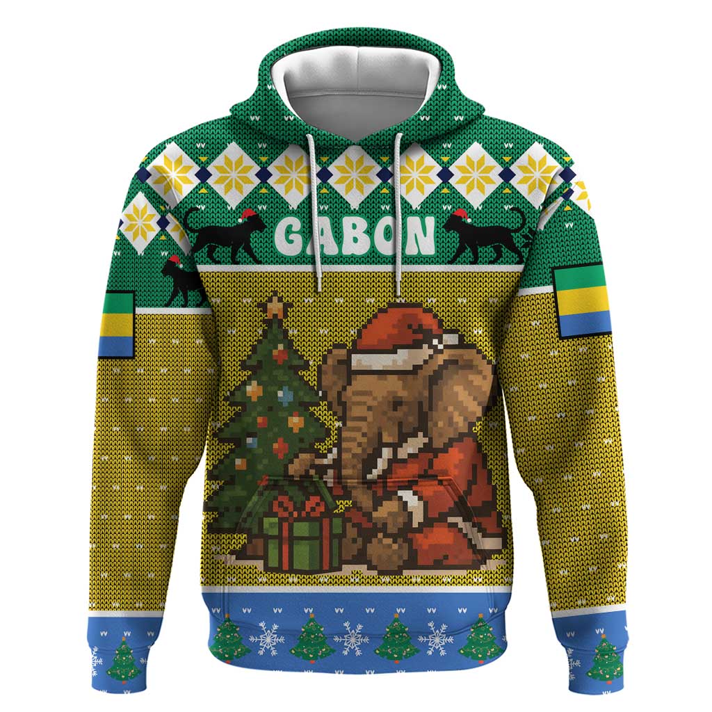 Gabon Christmas Hoodie with Pixel Art Elephant Santa Christmas Tree and Flag Colors Pattern - Wonder Print Shop