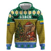 Gabon Christmas Hoodie with Pixel Art Elephant Santa Christmas Tree and Flag Colors Pattern - Wonder Print Shop