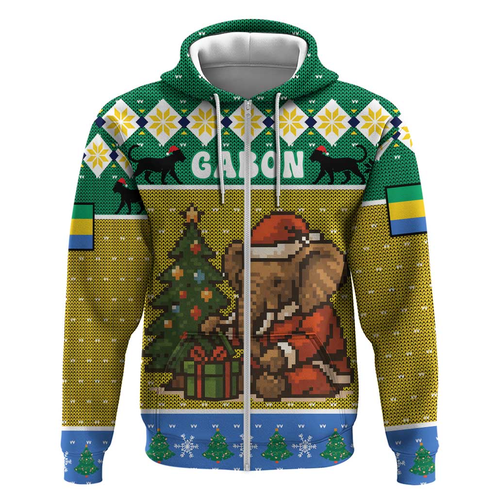 Gabon Christmas Hoodie with Pixel Art Elephant Santa Christmas Tree and Flag Colors Pattern - Wonder Print Shop