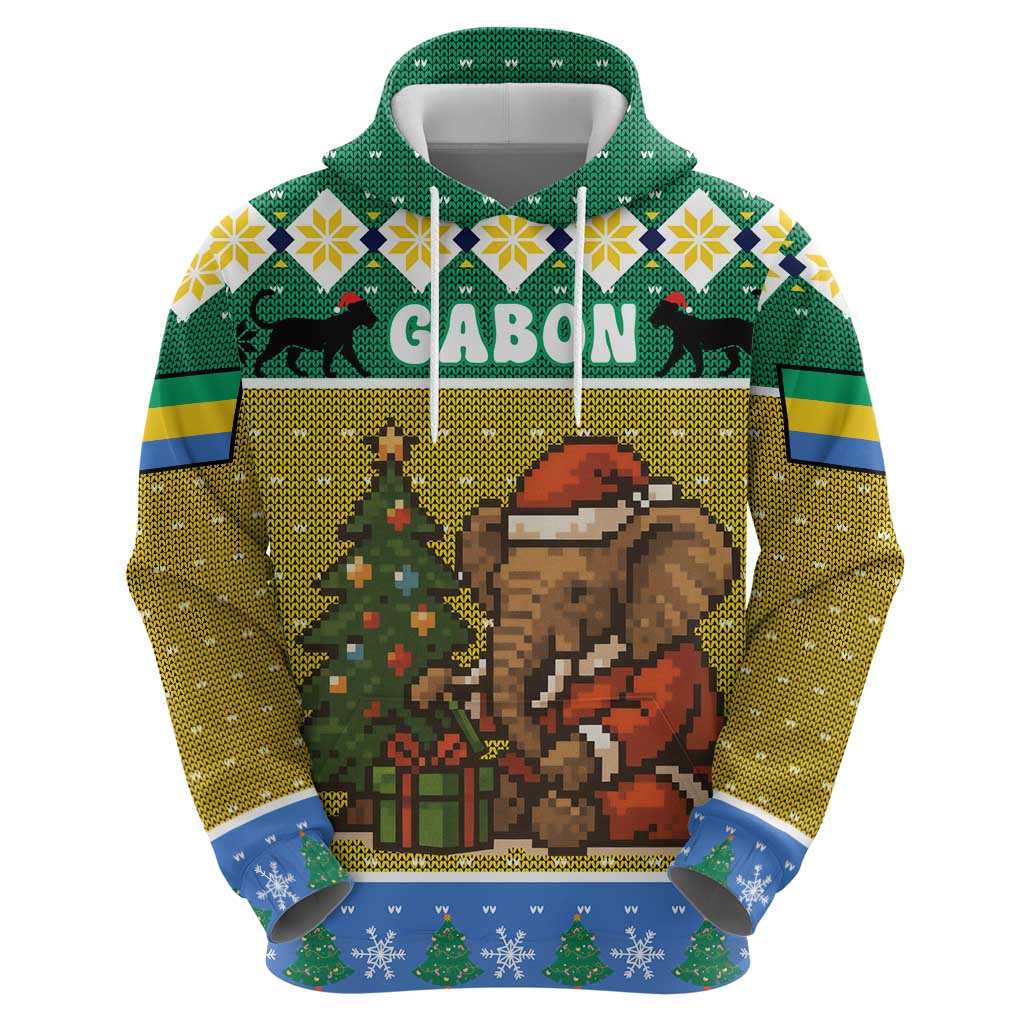 Gabon Christmas Hoodie with Pixel Art Elephant Santa Christmas Tree and Flag Colors Pattern - Wonder Print Shop