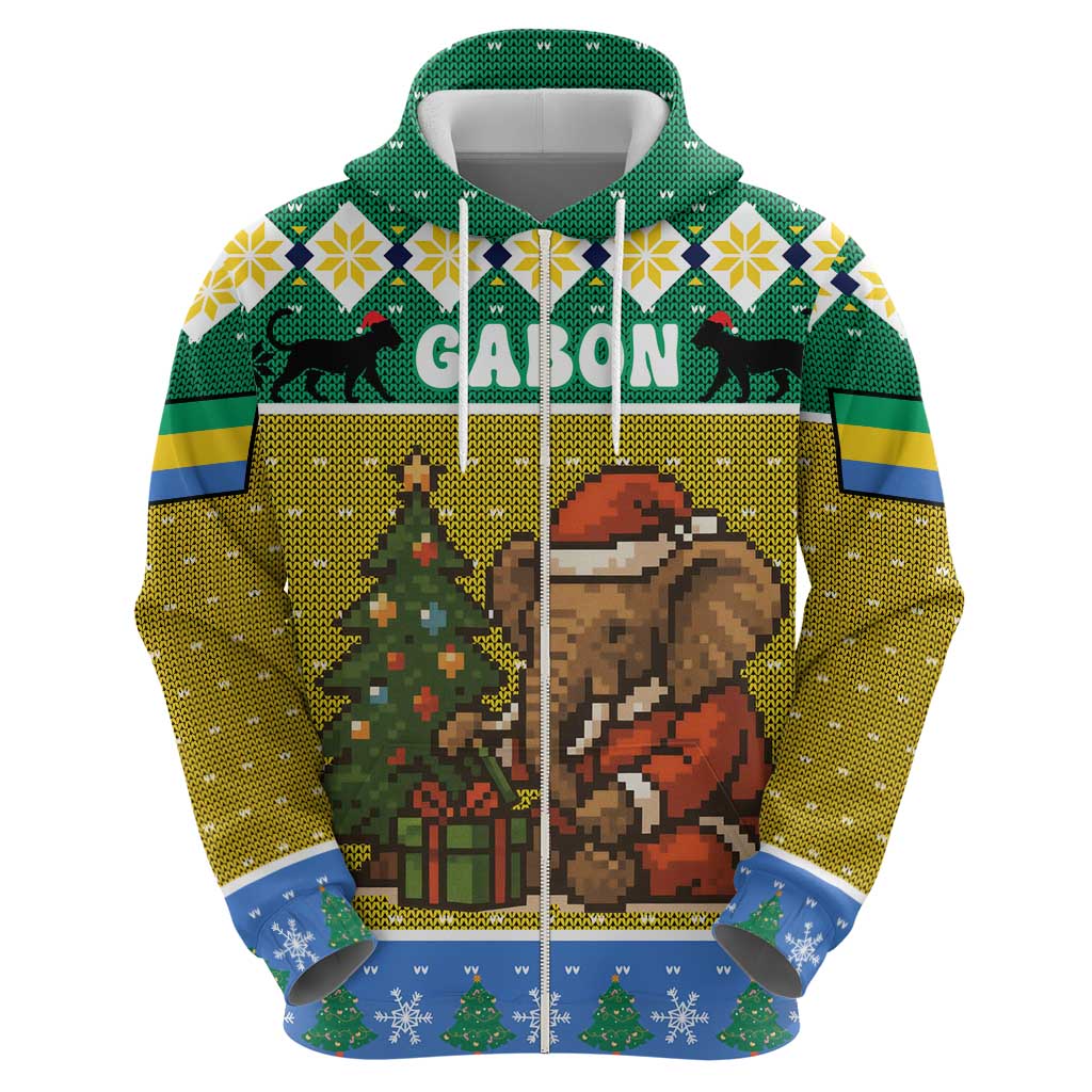 Gabon Christmas Hoodie with Pixel Art Elephant Santa Christmas Tree and Flag Colors Pattern - Wonder Print Shop