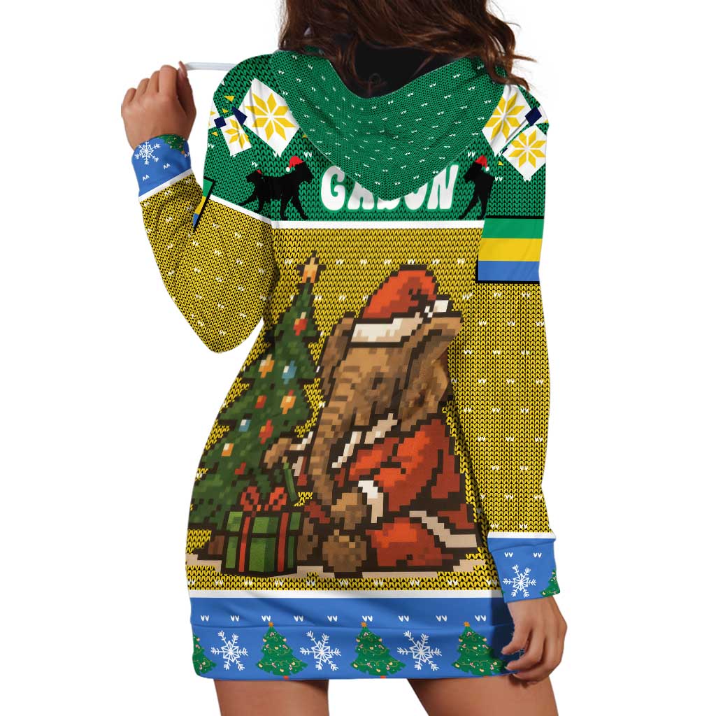 Gabon Christmas Hoodie Dress with Pixel Art Elephant Santa Christmas Tree and Flag Colors Pattern - Wonder Print Shop