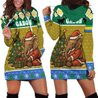 Gabon Christmas Hoodie Dress with Pixel Art Elephant Santa Christmas Tree and Flag Colors Pattern - Wonder Print Shop