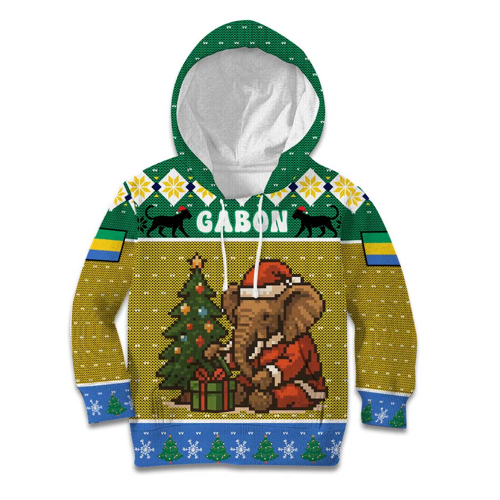 Gabon Christmas Kid Hoodie with Pixel Art Elephant Santa Christmas Tree and Flag Colors Pattern - Wonder Print Shop
