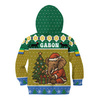 Gabon Christmas Kid Hoodie with Pixel Art Elephant Santa Christmas Tree and Flag Colors Pattern - Wonder Print Shop