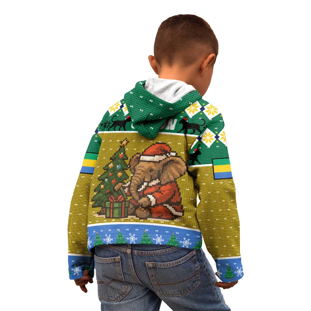 Gabon Christmas Kid Hoodie with Pixel Art Elephant Santa Christmas Tree and Flag Colors Pattern - Wonder Print Shop