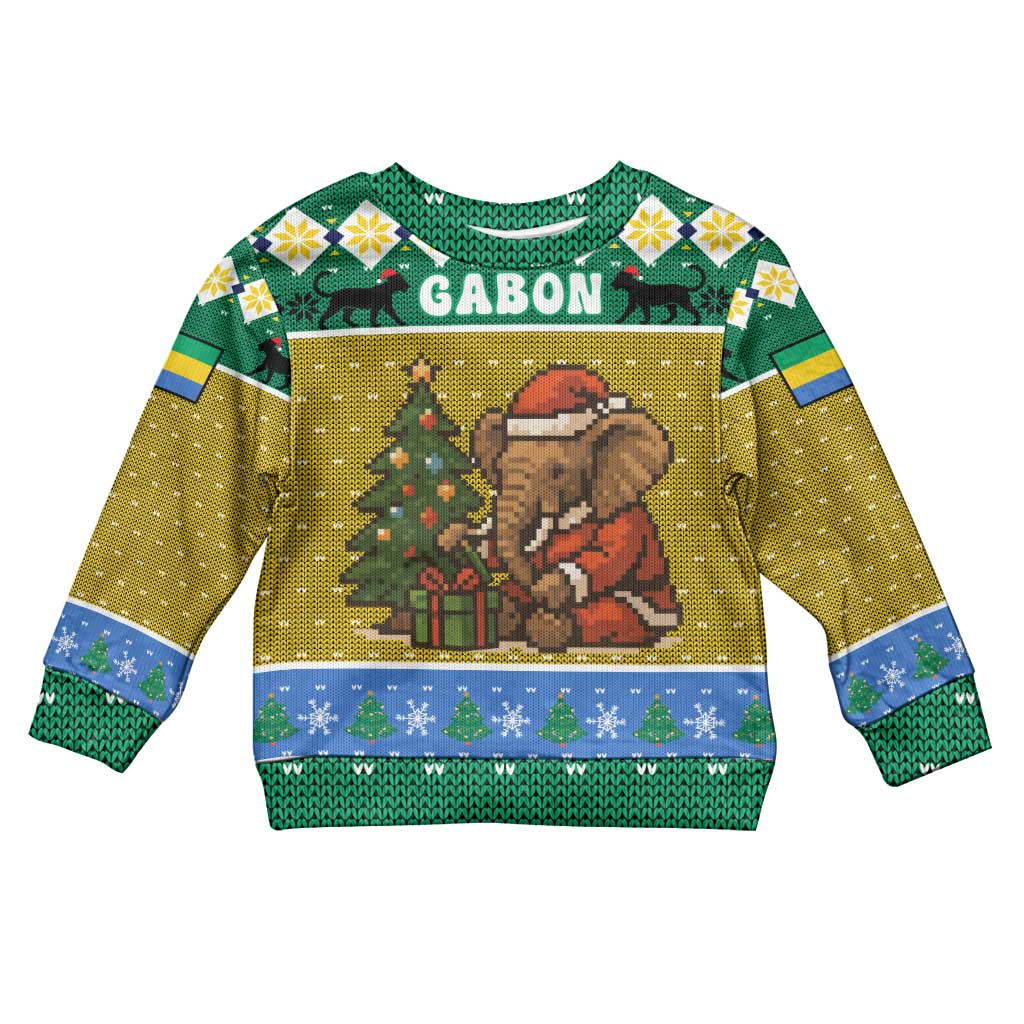 Gabon Christmas Kid Ugly Christmas Sweater with Pixel Art Elephant Santa Christmas Tree and Flag Colors Pattern - Wonder Print Shop