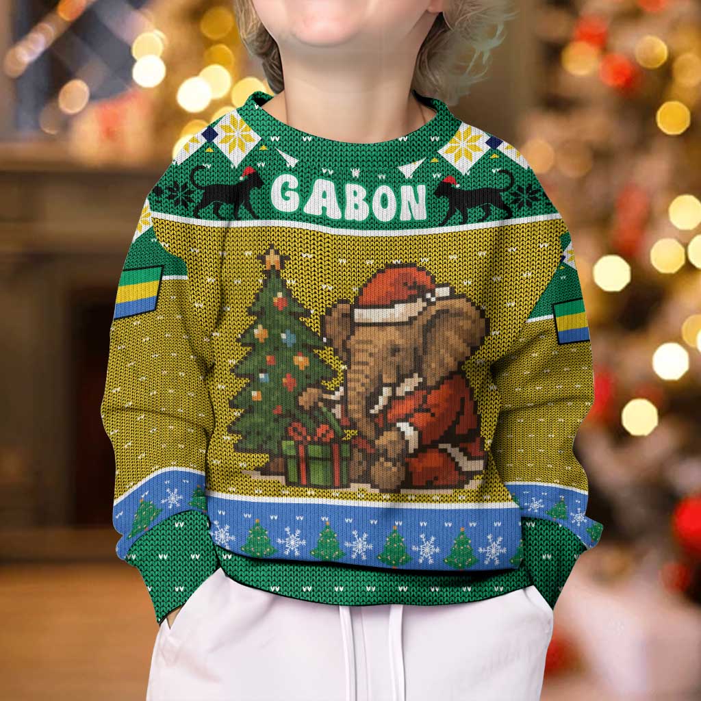 Gabon Christmas Kid Ugly Christmas Sweater with Pixel Art Elephant Santa Christmas Tree and Flag Colors Pattern - Wonder Print Shop