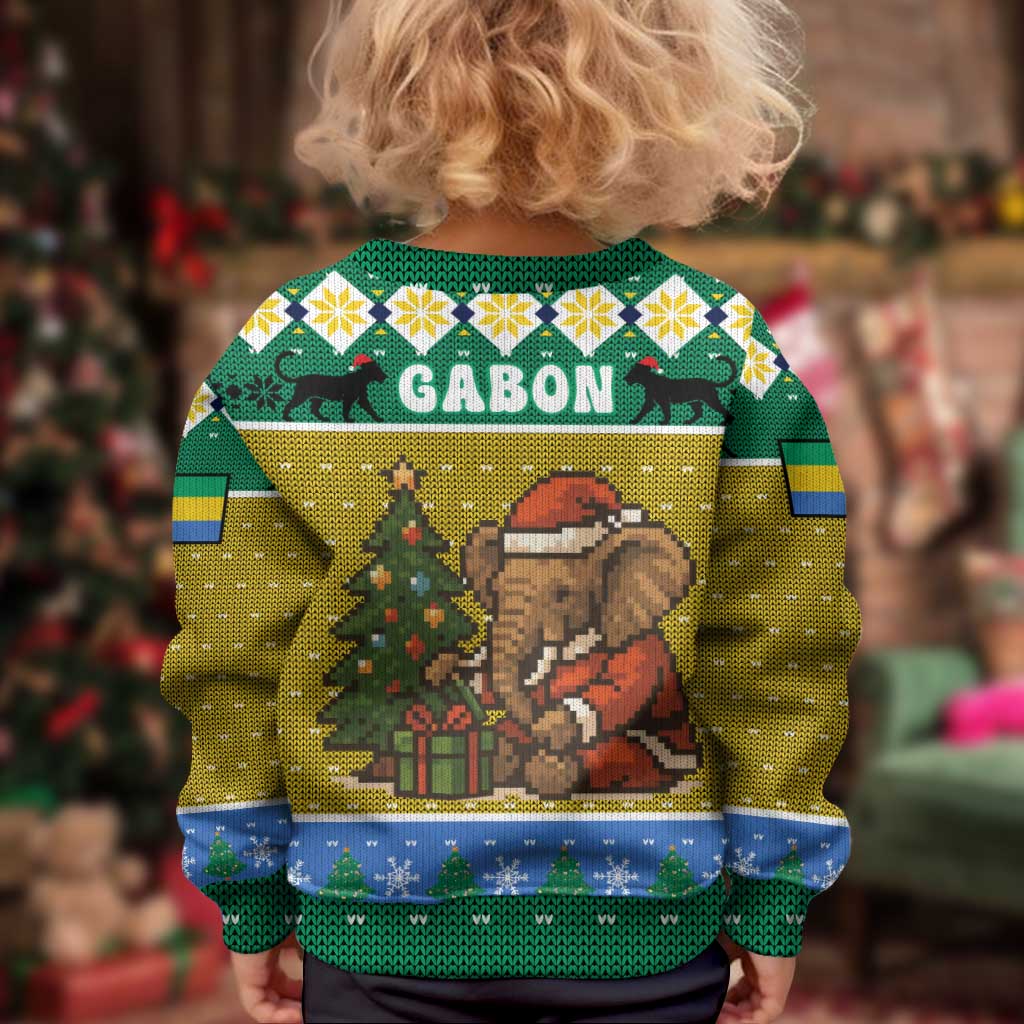 Gabon Christmas Kid Ugly Christmas Sweater with Pixel Art Elephant Santa Christmas Tree and Flag Colors Pattern - Wonder Print Shop
