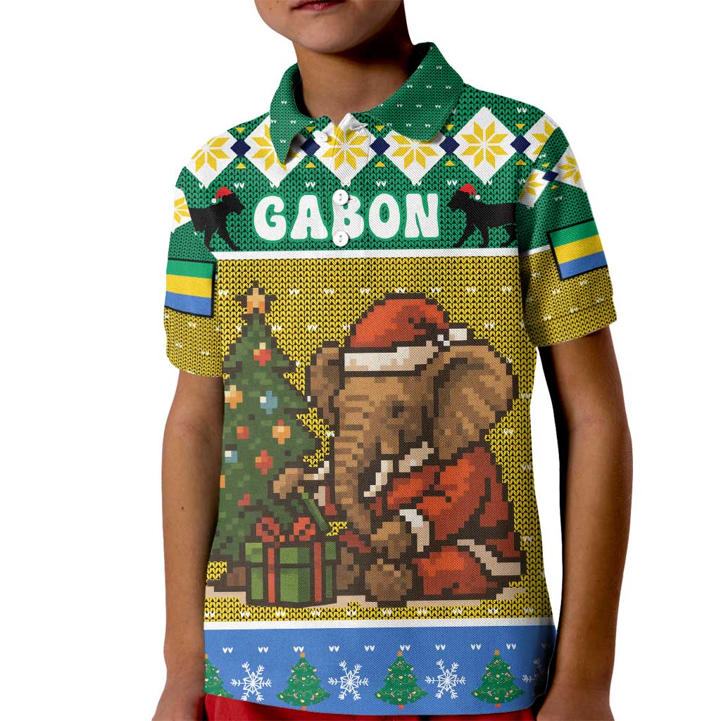 Gabon Christmas Kid Polo Shirt with Pixel Art Elephant Santa Christmas Tree and Flag Colors Pattern - Wonder Print Shop