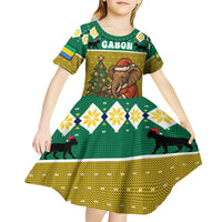 Gabon Christmas Kid Short Sleeve Dress with Pixel Art Elephant Santa Christmas Tree and Flag Colors Pattern - Wonder Print Shop