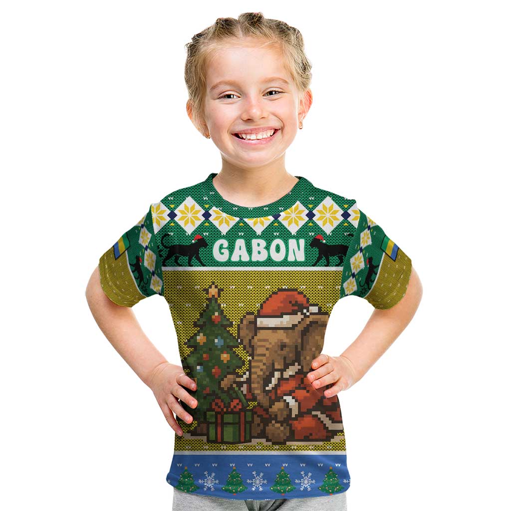 Gabon Christmas Kid T Shirt with Pixel Art Elephant Santa Christmas Tree and Flag Colors Pattern - Wonder Print Shop