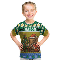 Gabon Christmas Kid T Shirt with Pixel Art Elephant Santa Christmas Tree and Flag Colors Pattern - Wonder Print Shop