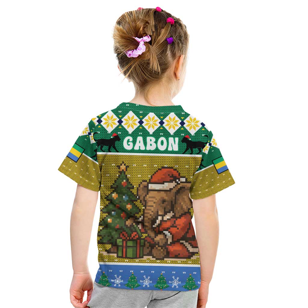 Gabon Christmas Kid T Shirt with Pixel Art Elephant Santa Christmas Tree and Flag Colors Pattern - Wonder Print Shop