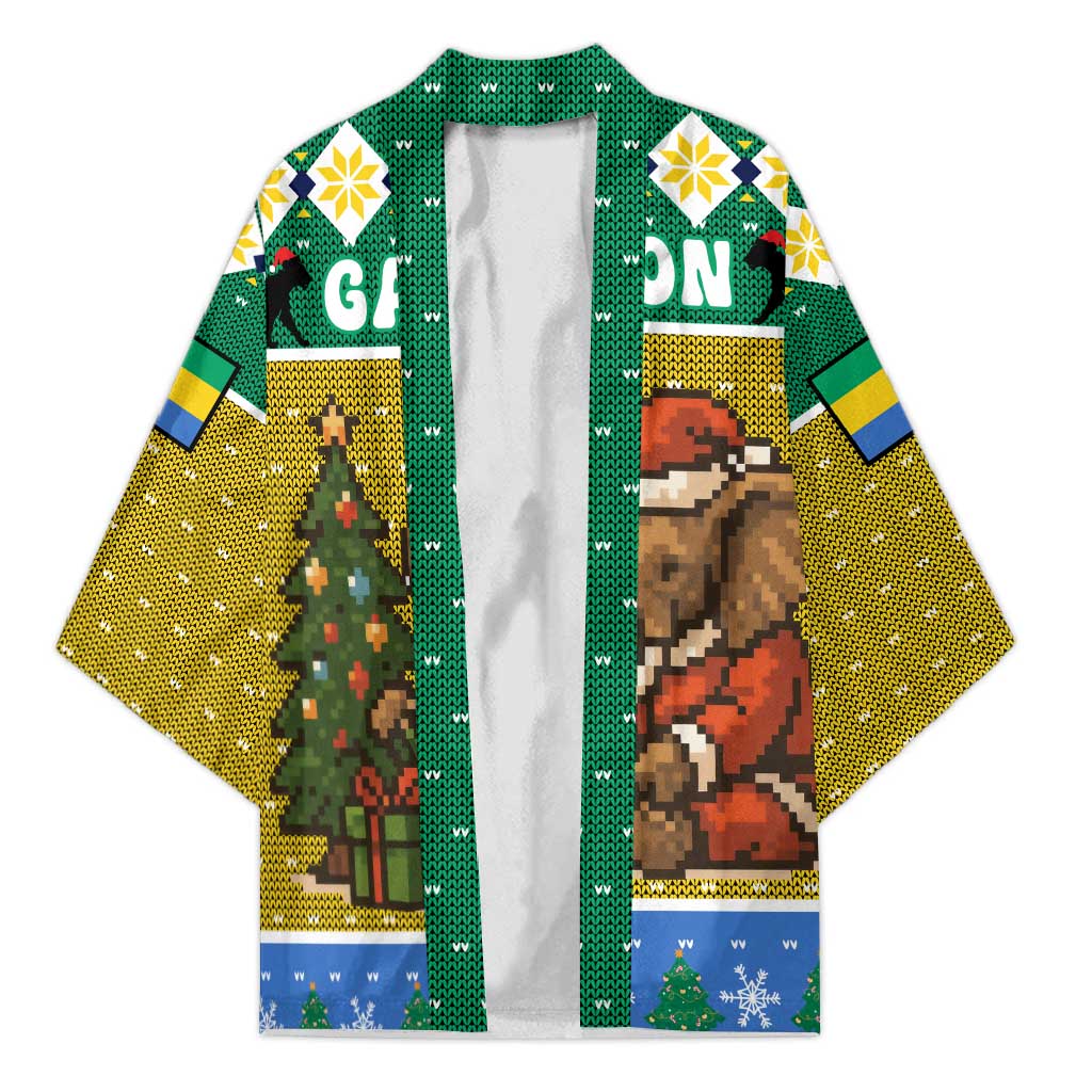 Gabon Christmas Kimono with Pixel Art Elephant Santa Christmas Tree and Flag Colors Pattern - Wonder Print Shop