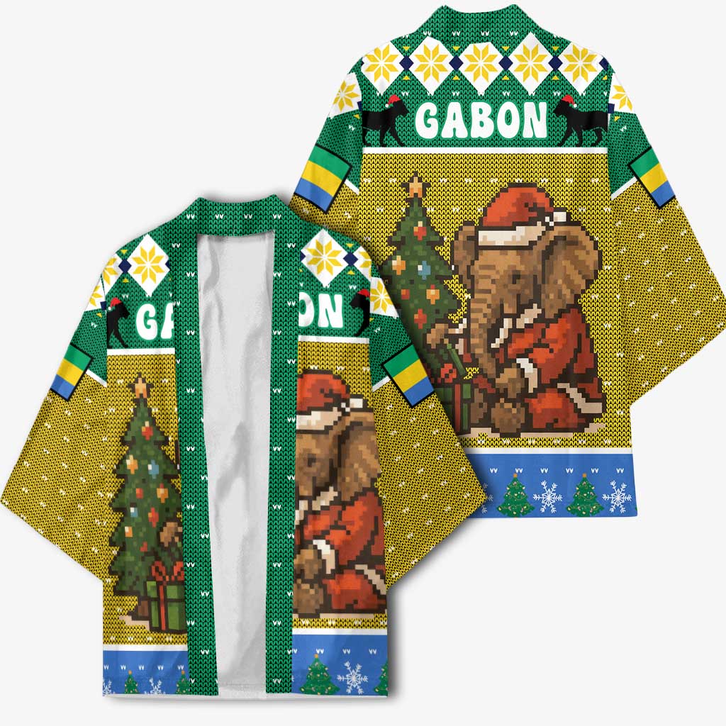 Gabon Christmas Kimono with Pixel Art Elephant Santa Christmas Tree and Flag Colors Pattern - Wonder Print Shop