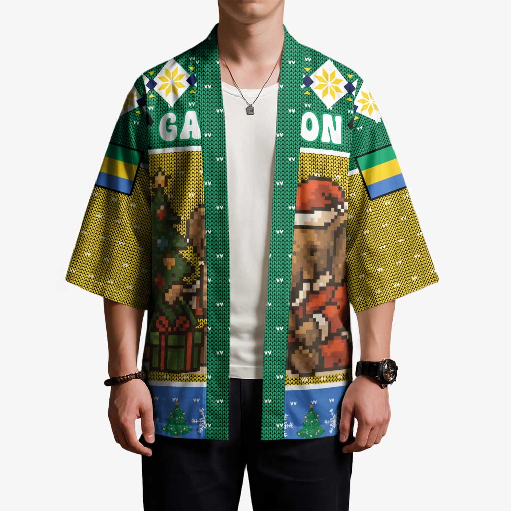 Gabon Christmas Kimono with Pixel Art Elephant Santa Christmas Tree and Flag Colors Pattern - Wonder Print Shop