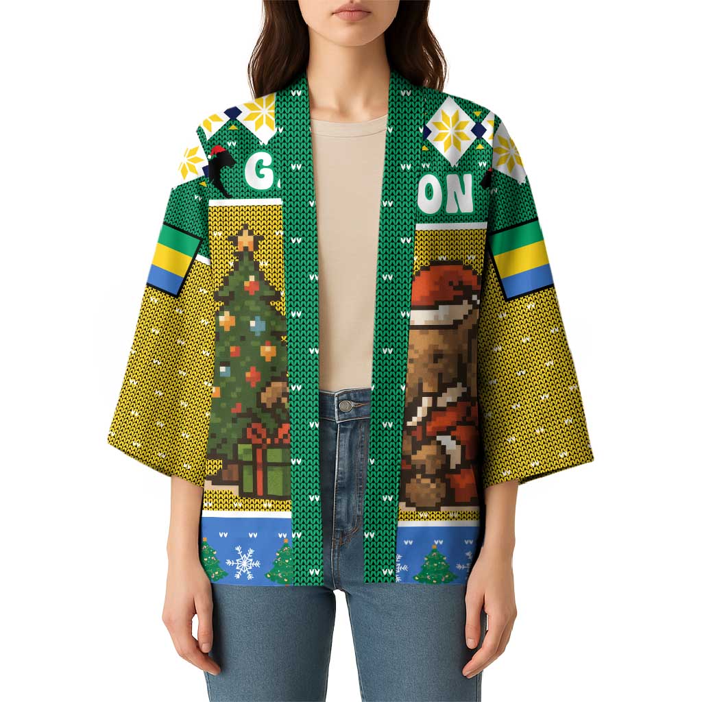 Gabon Christmas Kimono with Pixel Art Elephant Santa Christmas Tree and Flag Colors Pattern - Wonder Print Shop