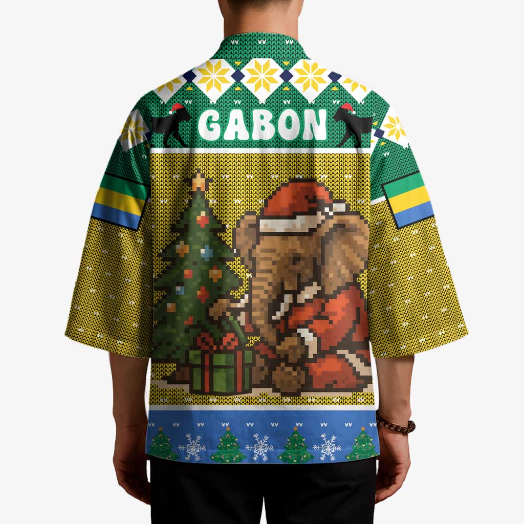 Gabon Christmas Kimono with Pixel Art Elephant Santa Christmas Tree and Flag Colors Pattern - Wonder Print Shop