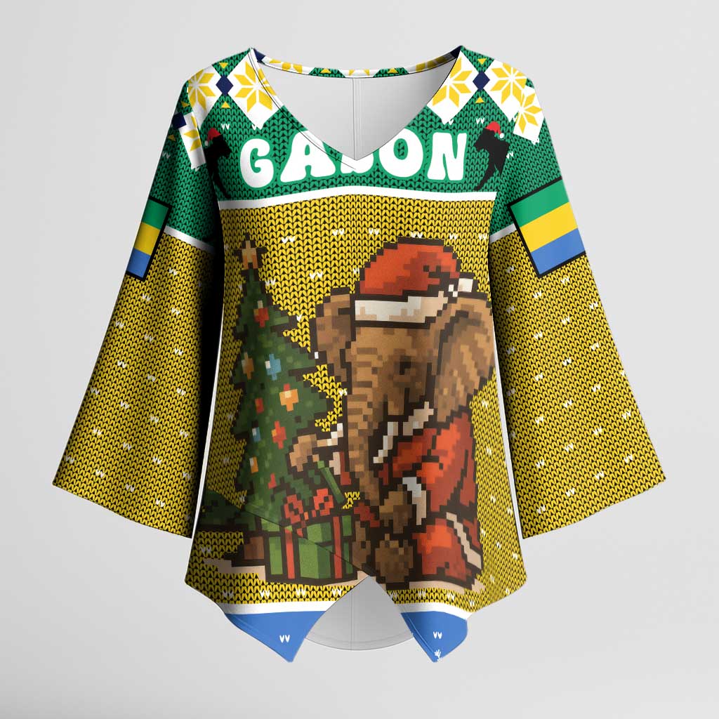 Gabon Christmas Kimono Sleeve Blouse with Pixel Art Elephant Santa Christmas Tree and Flag Colors Pattern - Wonder Print Shop