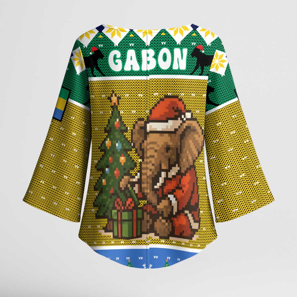 Gabon Christmas Kimono Sleeve Blouse with Pixel Art Elephant Santa Christmas Tree and Flag Colors Pattern - Wonder Print Shop