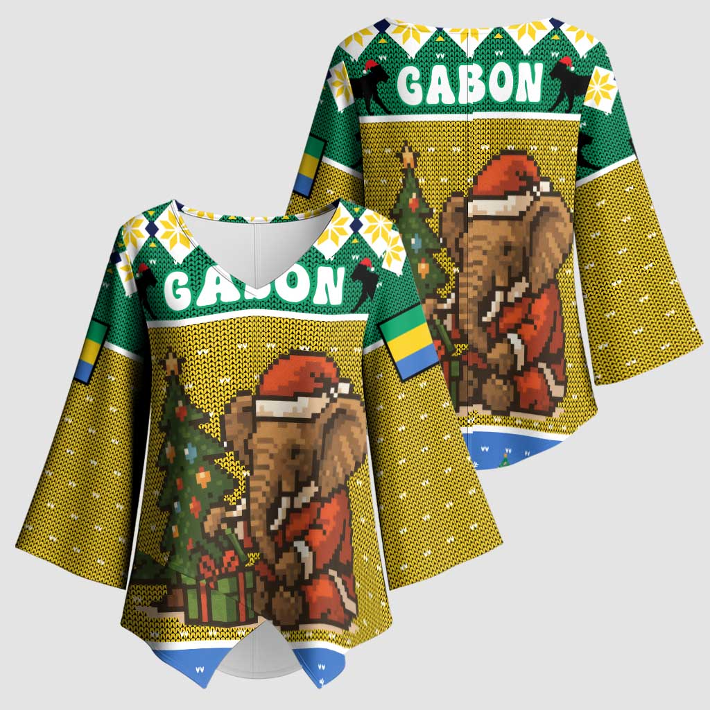 Gabon Christmas Kimono Sleeve Blouse with Pixel Art Elephant Santa Christmas Tree and Flag Colors Pattern - Wonder Print Shop